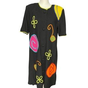 Vintage Steve Fabrikant Cardigan Sweater Dress Size M Black Soutache Abstract